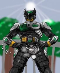 1boy armor armored_male balls balls_outline belt blurry_background bodysuit bodysuit_bulge breath breath_cloud bulge clothed_handjob disembodied_hand erect_penis erection erection_under_bodysuit fence green_armor handjob handjob_over_clothes hands_on_hips hands_on_own_hips heavy_breathing helmet japanese_text kamen_rider kamen_rider_birth kamen_rider_ooo_(series) male male_focus male_only mask masked masked_male muscles musk musk_clouds onomatopoeia outline panting penis penis_outline pov pov_handjob sketch standing sweat sweatdrop sweating text transparent_hand trees tremble_spikes trembling trembling_penis