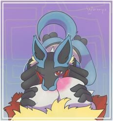 :3 ;3 absurd_res ambiguous_gender anthro big_breasts blush blush_lines breast_grab breast_play breast_squish breast_suck breasts crouching delphox duo female generation_4_pokemon generation_6_pokemon hand_on_breast hi_res huge_breasts looking_at_viewer lucario male male/female nintendo nipples pokemon pokemon_(species) squish sucking tail waranya