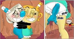 1girls 2boys accurate_art_style ass big_ass blushing blushing_female blushing_male clothing cropped cropped_image cuphead cuphead_(game) dry_humping erect erect_penis erection female hugging hugging_partner humping male ms._chalice mugman penis_between_legs penis_between_thighs rubbing rubbing_penis surprised tagme vcp vcpvip
