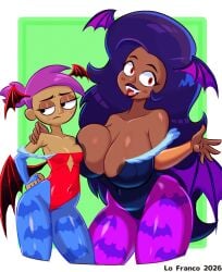 2girls alternate_costume alternate_version_available areola_slip areolae big_breasts black_eyes black_leotard black_lips black_lipstick blue_leggings bottomwear breasts capcom cleavage cosplay dark_blue_hair darkstalkers daughter detached_sleeves enid fangs female female_only hair half-closed_eyes hand_on_hip hand_on_shoulder headwear hips huge_breasts leggings legwear lilith_aensland_(cosplay) lips lipstick lo_franco long_hair mature mature_female mature_woman milf morrigan_aensland_(cosplay) mother mother_and_daughter ok_k.o.!_let's_be_heroes pink_hair purple_leggings red_eyes red_leotard small_breasts thighs tied_hair topwear vampire vampire_girl wide_hips wilhamena wings wings_on_head