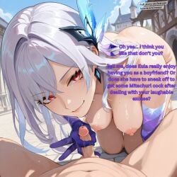 ai_generated big_breasts breasts caption dominant dominant_female domination english english_text femdom femdom_caption genshin_impact handjob hoyoverse humiliation large_breasts motion_lines newaiartcreator nipples nude nude_female nude_male nudity red_eyes sexy sexy_body sexy_female skirk_(genshin_impact) small_penis small_penis_adoration small_penis_humiliation smug smug_expression smug_eyes smug_face smug_grin smug_smile story story_at_source submissive submissive_male teasing tiny_penis two-finger_handjob two_finger_handjob white_hair