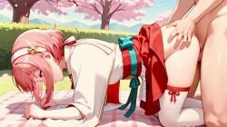 1boy ai_generated all_fours ambiguous_penetration ass blush cherry_blossoms completely_nude_male doggy_style female fire_emblem fire_emblem_fates fucked_from_behind head_down intelligent_systems looking_down male_out_of_frame nintendo on_knees outdoors partially_clothed_female penis petals pink_eyes pink_hair sakura_(fire_emblem) side_view tagme testicles video