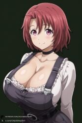 1female 1girl 1girls 2026 ai_generated artist_name big_ass big_breasts black_background black_choker blush breasts choker cleavage closed_mouth collarbone cow_girl_(goblin_slayer) curvy female female_only frills goblin_slayer hi_res high_quality high_resolution highres huge_ass huge_breasts large_breasts long_sleeves looking_at_viewer overalls patreon patreon_username red_eyes red_hair shirt short_hair simple_background smile solo unjobdespiert upper_body watermark white_shirt