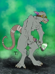 2023 anthro balls bandage bandaged_tail bodily_fluids buckteeth claws clenched_teeth cum cum_in_container cum_in_flask cumshot digitigrade ejaculation erection eyes_closed eyewear eyewear_only flask foreskin fur genital_fluids genitals goggles goggles_only grey_background grey_body grey_fur grimace hi_res humanoid_genitalia humanoid_penis league_of_legends male mammal masturbation murid murine notched_ear nude penis rat rat_tail riot_games rodent signature simple_background solo standing tail tail_wraps teeth tencent tokon_(artist) twitch_(lol) whiskers wraps
