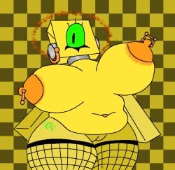 1girl 2d 2d_(artwork) 2d_artwork artist_name artist_signature belly belly_button blocky_body boobs boobs_out breasts chubby chubby_female collar die_of_death die_of_death_(roblox) earings eyelashes female female_focus female_only ferman fishnet fishnet_legwear fishnet_stockings fishnets green_eyes halo harken_(die_of_death) looking_at_viewer naked naked_female nude nude_female one_eye_open pierced_ear pierced_nipples piercing piercings pussy roblox roblox_game surprised surprised_expression thick tits vagina voluptuous voluptuous_female yellow_body yellow_skin