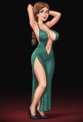 1girls 2d 2d_(artwork) ai_assisted ai_generated annie_(summertime_saga) braid braided_hair braided_ponytail breasts brown_hair brunette cleavage clothed clothing daeisi digital_drawing_(artwork) digital_media_(artwork) dress female female_focus female_only ginger ginger_female ginger_hair ponytail pose posing presenting presenting_breasts red_carpet showing_off simple_background summertime_saga thick_thighs
