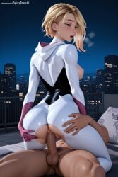 1boy 1girl ai_generated ass ballet_slippers blonde_hair blue_eyes blush bodysuit breasts breasts_outside building city cityscape cowgirl_position girl_on_top gwen_stacy hetero hi_res high_quality high_resolution hood lips looking_at_viewer looking_back marvel night night_sky nipples parted_lips patreon penis pussy reverse_cowgirl_position seductive sex sexy short_hair sky skyscraper solo_focus spicytoonai spider-man_(series) straddling superhero sweat testicles uncensored vaginal watermark