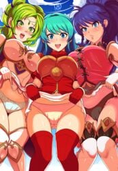 3girls alternate_breast_size aqua_eyes aqua_hair big_breasts black_panties black_underwear blue_eyes blue_hair blush breasts cameltoe color eirika_(fire_emblem) embarrassed female female_only fire_emblem fire_emblem:_the_sacred_stones flashing forehead_jewel fully_clothed green_eyes green_hair huge_breasts l'arachel_(fire_emblem) large_breasts lingerie long_hair looking_at_viewer nintendo open_mouth panties pink_panties pink_underwear revolverwingstudios skirt tana_(fire_emblem) upskirt white_panties white_underwear