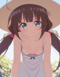 ai_generated bare_shoulders beautiful_girl blue_eyes brown_hair cleavage female female_only flat_chest focus_on_breasts heavenly_body hinatsuru_ai outdoors pretty_girl sexy slutty_dress slutty_female small_breasts sundress sunny sweaty_body temptation tempting_viewer