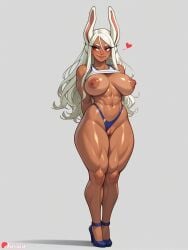 1girl abs ai_generated animal_ears arms_behind_back bangs blue_footwear blue_panties blush boobs breasts cleft_of_venus clothes_lift clothing_aside cute dark-skinned_female dark_nipples dark_skin freckles full_body grey_background hair_between_eyes heart high_heels highleg highleg_panties huge_ass huge_breasts juswa large_ass large_breasts lips long_eyelashes long_hair looking_at_viewer mirko muscular muscular_female navel nipples panties panties_aside pussy rabbit_ears rabbit_girl red_eyes shiny shiny_skin shirt_lift simple_background smile solo standing thicc thick_thighs thighs uncensored underwear white_hair
