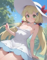 ai_generated bare_shoulders beautiful_girl blonde_female cleavage female female_only flat_chest focus_on_breasts green_eyes heavenly_body lillie_(pokemon) nipple_slip outdoors pink_nipples pretty_girl sexy slutty_dress slutty_female small_breasts sundress sunny sweaty_body temptation tempting_viewer
