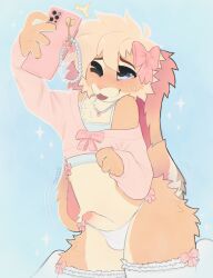 accessory anthro biped blep blush blush_lines bodily_fluids bottomwear bow_accessory bow_ribbon cellphone clothed clothed_anthro clothed_male clothing digital_media_(artwork) electronics erection fur genital_fluids genitals hair hair_accessory hair_bow hair_ribbon hi_res holding_object holding_phone jewelry lagomorph leaking_precum legwear leporid male mammal motion_lines necklace one_eye_closed panties penis phone phone_charm precum rabbit ribbons selfie simple_background smartphone smile solo sparkles stockings tail taking_picture taking_selfie thigh_highs tongue tongue_out topwear underwear wink wuff34