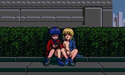 2girls blonde_hair blue_hair blush breasts bush bushes city closed_eyes clothes clothing coat female female_focus female_only fingering hair holding holding_object holding_phone legs looking_at_phone looking_pleasured multiple_girls nipples nude_female outdoors phone pixel_art red_coat saiwai_hiroshi shoes sidewalk sitting video_games yuri