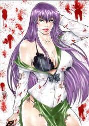 1girls 2018 battle_damage big_breasts black_bra blood blood_splatter blood_stain bloodstain bloody_clothes blue_bow blue_eyes bow bra breasts busty cleavage curvaceous curvy dated deviantart ed_benes_studio erect_nipples female female_only gloves green_skirt highschool_of_the_dead human lanio_sena long_hair makeup nipple_bulge nipples nipples_visible_through_clothing pink_lips pink_lipstick pinup purple_hair saeko_busujima school_uniform schoolgirl schoolgirl_uniform shirt signature skirt solo thick_thighs thighs torn_clothes torn_clothing torn_gloves torn_shirt torn_skirt voluptuous watermark white_gloves white_shirt