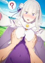 ai_generated elf elf_ears elf_female elf_girl emilia_(re:zero) half-elf light-skinned_female re:zero_kara_hajimeru_isekai_seikatsu reid_astrea_(re:zero) sexual_harassment silver_hair