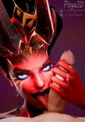 1girl1boy 1girls 3d 3d_(artwork) akasha black_hair blowjob blue_eyes demon demon_girl devil devil_horns dota dota_2 female handjob horn horns licking licking_penis pisya3d queen_of_pain red_skin render smile succubus tongue tongue_out