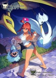 1girls airmd ariekochan ass bare_shoulders bat_(animal) big_breasts bird blue_eyes blush breasts butt_crack colored_sclera commentary denim denim_shorts dimples_of_venus english_commentary flip-flops game_freak gold_skin hair_between_eyes hair_ornament heart-shaped_nose highres holding holding_poke_ball huuro_(pokemon) jean_shorts jeans kneepits long_hair looking_at_viewer looking_back mega_airmd mega_evolution mega_pokemon mega_skarmory metal_skin midriff night nintendo one_side_up open_mouth open_toe_footwear open_toe_shoes parted_lips poke_ball poke_ball_(basic) pokeball pokemon pokemon_(creature) pokemon_black_and_white pokemon_bw pokemon_legends:_z-a red_hair red_sclera rooftop sandals short_hair_with_long_locks shorts sidelocks skarmory sky skyla_(pokemon) smile smiling_at_viewer swanna swept_bangs swoobat tan tan_body tan_skin tank_top tanned_female white_tank_top wings