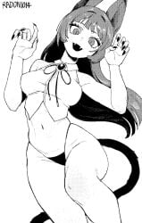 1girls animal_ears animal_tail black_g-string black_nails black_panties black_thong blunt_bangs cat_ears cat_tail cute_fangs female female_only freckles g-string hair_intakes halftone highleg highleg_panties kemonomimi long_hair nail_polish navel painted_nails panties radon1014 sharp_nails sleeveless sleeveless_shirt slit_pupils solo tail thong