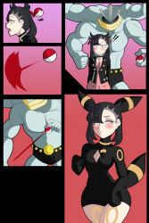1boy 1girls 2026 2d animal_ears animal_tail anthro_on_human background bangs black_hair blank_eyes blush blushing breast_cutout captured captured_by_pokeball choker clothed clothes clothing color colored comic_page commission commissioner_upload dazed dress female female_focus goth gradient_background human hypnosis light-skinned_female light_skin machamp marnie_(pokemon) mind_control onomatopoeia pigtails pokeball pokegirl pokegirl_as_pokemon pokemon pokemon_(species) pokemon_swsh released_from_pokeball senpailove tail transformation umbreon wide_hips