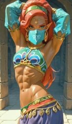 abs ai_generated armpits arms_up athletic_female belly belly_dancer belly_dancer_outfit dancing desert exotic_dancer fit fit_female green_eyes harem harem_outfit hips jewelry mouth_veil red_hair seductive sexy tagme tan_body tan_skin urbosa veil video zelda_(breath_of_the_wild)