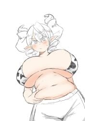 belly belly_grab bikini blush chubby cow_print cow_print_bikini demon demon_girl demon_horns fat female female_only freenotezero grabbing_own_belly hand_on_own_belly hips huge_breasts labrynth_of_the_silver_castle large_breasts looking_at_viewer lovely_labrynth_of_the_silver_castle plump pointy_ears pose simple_background soft_belly solo standing sweatdrop twin_drills twintails white_background yu-gi-oh!
