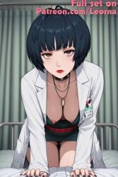 accessory ai_generated areola areolae black_hair blue_hair choker doctor downblouse high_resolution highres labcoat leorna lipstick medium_breasts nipples panties persona persona_5 short_hair tae_takemi thighs