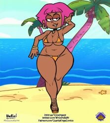 1girls arm_behind_head armwear artist_name beach big_breasts bikini bikini_bottom bikini_top bimbo bottomwear bracelet breasts choker color colored ear_piercing earrings female female_only footwear full_body hair half-closed_eyes hips hoop_earrings human human_shannon humanoid legs lips micro_bikini mrswindle94 neckwear ok_k.o.!_let's_be_heroes orange_bikini palm_tree parted_lips pink_hair red_eyes sandals shannon_(ok_k.o.!_let's_be_heroes) shannon_boxman short_hair solo solo_female swimwear thick_thighs thighs topwear unknowingest wide_hips