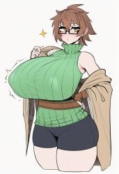 1girls ai_generated aussa_the_earth_charmer belt big_breasts breasts breasts_bigger_than_head brown_eyes brown_hair child_bearing_hips coat coat_on_shoulders female female_only glasses gloved_hands gloves huge_breasts large_breasts mayuai short_hair shorts solo solo_female star_(symbol) tagme thick_thighs white_background wide_hips wide_thighs yu-gi-oh!
