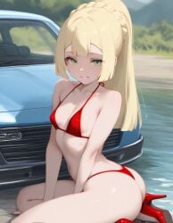 ai_generated ass_focus beautiful_girl blonde_female car female female_only flat_chest green_eyes heavenly_ass heavenly_body high_heels lillie_(pokemon) micro_bikini outdoors pretty_girl sexy_pose slim_female slim_waist slutty_body slutty_female smile_at_viewer tempting_viewer