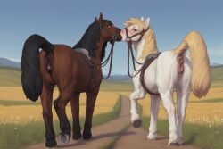 2026 absurd_res ai_generated animal_genitalia animal_pussy anus black_mane black_tail blue_eyes blue_sky blush blush_lines bodily_fluids bridle brown_body butt clitoris dirt_path duo equid equine equine_anus equine_genitalia equine_pussy female female/female feral field flower fur furry genitals green_eyes hi_res hooves horse kissing lesbian looking_at_viewer looking_back looking_back_at_viewer mammal mane meadow mountain plant presenting presenting_hindquarters puffy_anus pussy raised_tail reins saddle saliva saliva_string sky sunny tagme tail take_your_pick teats tongue walking white_body yellow_tail yuri