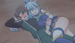 1boy 1girls aqua_(konosuba) ass assisted_masturbation barn black_shirt blue_eyes blue_footwear blue_hair blue_shirt blue_skirt blue_thighhighs blush boots breasts brown_hair censored clothed constricted_pupils contemporary cum cumshot detached_sleeves ejaculation facial female full-face_blush green_jacket green_ribbons hair_ornament hair_rings hand_on_another's_arm hand_on_another's_neck hand_on_own_face hand_on_own_head hand_on_own_penis handjob hay hippo_power hug jacket kono_subarashii_sekai_ni_shukufuku_wo! laughing leg_on_another's_leg long_hair male male_masturbation masturbation miniskirt mosaic_censoring nervous night no_panties open_mouth penis pleasure_face ribbon satou_kazuma shirt single_hair_ring skirt smile surprised sweat thigh_boots thighhighs thighhighs_under_boots tracksuit