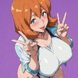 1girl ai_generated bangs blush bodily_fluids breasts busty cleavage clothing competition_swimsuit double_v female female_only fingernails green_eyes highleg highleg_swimsuit jacket kasumi_(pokemon) large_breasts looking_at_viewer misty_(pokemon) misty_(pokemon_hgss) one-piece_swimsuit open_clothes open_jacket orange_hair pokemon shirt short_hair smile solo sportswear sweat sweatdrop swimsuit tank_suit thighs tongue tongue_out v white_one-piece_swimsuit white_swimsuit