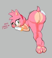 accessory amy_rose anthro bent_over big_butt black_nose bracelet butt clothing dialogue eulipotyphlan eyelashes feet female fur genitals gloves green_eyes grey_bakcground hair hair_accessory hairband hand_on_butt handwear head_tuft hedgehog hi_res jewelry looking_at_viewer mammal nude open_mouth pawpads pink_body pink_fur pink_hair sega short_hair silver279 solo sonic_(series) sonic_the_hedgehog_(series) talking_to_viewer tan_body tan_fur text thick_thighs tuft vulva white_clothing white_gloves white_handwear wide_hips