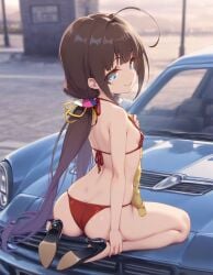 ai_generated ass_focus beautiful_girl blue_eyes brown_hair car female female_only flat_chest heavenly_ass heavenly_body high_heels hinatsuru_ai micro_bikini outdoors pretty_girl sexy_pose slim_female slim_waist slutty_body slutty_female smile_at_viewer tempting_viewer