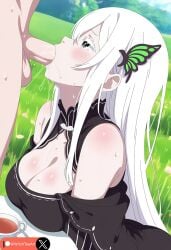 ai_generated black_eyes blowjob breasts cleavage echidna_(re:zero) hair_ornament large_breasts long_hair re:zero_kara_hajimeru_isekai_seikatsu saliva saliva_trail sweat white_hair