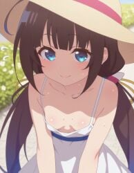 ai_generated bare_shoulders beautiful_girl blue_eyes brown_hair cleavage female female_only flat_chest focus_on_breasts heavenly_body hinatsuru_ai outdoors pretty_girl sexy slutty_dress slutty_female small_breasts sundress sunny sweaty_body temptation tempting_viewer
