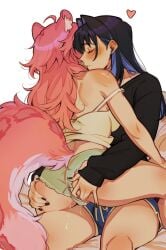 2girls absurdres ahoge amlichan animal_ear_fluff animal_ears ass black_hair black_nails black_sweater blue_hair blue_shorts blush breasts camisole closed_eyes colored_inner_hair commentary dolphin_shorts earrings english_commentary fingering fingernails grabbing_another's_ass green_panties groping hair_intakes heart highres hololive hololive_english jewelry large_breasts long_fingernails long_hair long_sleeves multicolored_hair multiple_girls nail_polish ouro_kronii panther_ears panther_girl panther_tail panties parted_lips pink_hair pink_tail pussy_juice raora_panthera short_shorts shorts sitting strap_slip stud_earrings sweater tail two-tone_hair underwear white_camisole yuri