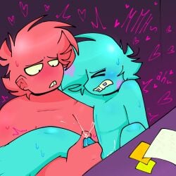 2boys biting_own_lip blushing broz_boyz broz_boyz_go cum cumshot gay_sex hackzack_(zack) handjob handjob_while_penetrating hearts_around_head michael_justin_(mj) moaning_in_pleasure oc ocs original_character original_characters semen touching_penis yaoi