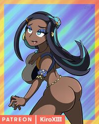 ahe_gao ass ass_expansion blue_eyes bottomless breast_expansion dark-skinned_female dark_skin female gym_leader human kiroxiii nessa_(pokemon) nintendo pokemon pokemon_ss solo tongue_out torn_clothes watermark