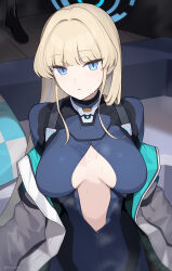 1girl 1other :o blonde_hair blue_archive blue_bodysuit blue_eyes blue_halo blush bodysuit breasts commentary_request couch enosan halo highres jacket large_breasts long_hair multicolored_hair off_shoulder official_alternate_costume open_clothes pillow steam steaming_body streaked_hair sweat toki_(armed)_(blue_archive) toki_(blue_archive) white_jacket