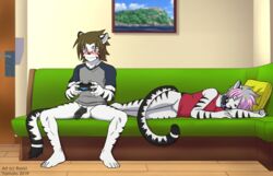 anthro black_penis blush breasts casual_nudity clothing duo eyewear felid female flaccid gaming glasses humanoid_penis male mammal navel nipples pantherine penis playing_videogame pussy raxkiyamato shirt sitting sleeping sofa spread_legs spreading tiger topwear