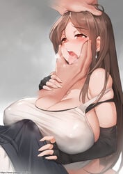 bangs bare_shoulders black_gloves blush breasts brown_eyes brown_hair bulge cleavage earrings elbow_gloves erection erection_under_clothes female final_fantasy final_fantasy_vii fingerless_gloves gao-lukchup gao_(gaolukchup) gloves half-closed_eyes hand_on_another's_cheek hand_on_another's_face hands heavy_breathing huge_breasts jewelry large_breasts long_hair male open_mouth penis_under_clothes saliva simple_background solo_focus strap_slip tank_top tifa_lockhart tongue tongue_out watermark web_address