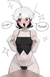 1girls :3 :d ahoge black_eyes blush camisole cute_fang female female_only g-string highleg highleg_panties light-skinned_female light_skin menchi_(oc) navel panties radon1014 short_hair small_breasts solo speech_bubble star-shaped_pupils thong white_hair