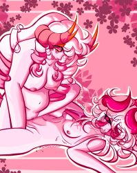 2girls batteryacidcandy body_scars burn_scar crystal curly_hair hip_dips horns inphernal large_breasts lesbian lesbian_sex long_hair missing_eye phighting pink_background pink_eyes pink_lighting requested roblox roblox_game robloxian scissoring self_upload strawpage_request subspace_(phighting) vinestaff_(phighting) watermark white_and_pink_hair