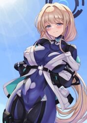 1girl absurdres arms_behind_back blonde_hair blue_archive blue_bodysuit blue_eyes blue_halo blue_streaks bodysuit breasts commentary halo highres jacket long_hair looking_at_viewer multicolored_hair multicolored_halo official_alternate_costume pcreambang smile solo streaked_hair toki_(armed)_(blue_archive) toki_(blue_archive) two-tone_halo untranslatable_commentary white_jacket