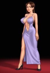 1girls 2d 2d_(artwork) ai_assisted ai_generated breasts brown_hair brunette cleavage clothed clothing daeisi digital_drawing_(artwork) digital_media_(artwork) dress female female_focus female_only jenny_(summertime_saga) pose posing presenting presenting_breasts red_carpet showing_off simple_background summertime_saga thick_thighs