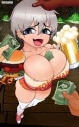 1girls 3boys ass beer beer_mug big_ass big_breasts blue_eyes breast_focus breasts burger dark-skinned_male dark_skin dollar_bills fang female female_focus from_above hand_on_head headpat hooters hooters_uniform huge_breasts human human_only light-skinned_female light-skinned_male light_skin money money_in_cleavage newgrounds solo_focus tank_top text text_on_clothing text_on_shirt thick_thighs thighhighs thighs underground_(artist) unseen_male_face uzaki-chan_wa_asobitai! uzaki_hana watermark white_hair