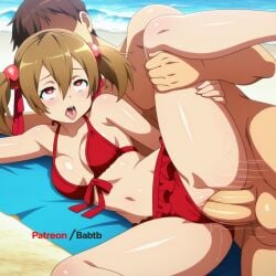 1girls after_sex ai_generated anus ass ayano_keiko babtb big_ass bikini bikini_bottom bikini_top blue_eyes blush breasts brown_hair clothed cum female hetero_sex hi_res long_hair looking_at_viewer mammal motion_lines nipples penetration pussy red_eyes silica small_breasts smile smiling straight sword_art_online sword_art_online:_alicization thick_thighs uncensored wide_hips