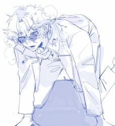 all_fours blush breath chico_chin cum cum_on_face facial full_body fully_clothed gay gintama looking_at_viewer male male_only monochrome one_eye_closed open_mouth sakamoto_tatsuma sketch solo sunglasses yaoi