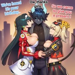 1boy 2girls ai_generated astra_yao big_boobs big_breasts boobs breasts burnice_white clothed clothing cocky69 comic_page demon demon_boy demon_horns demon_tail english_text fit fit_body fit_male hi_res sexy sexy_body sexy_female text zalgrath zenless_zone_zero